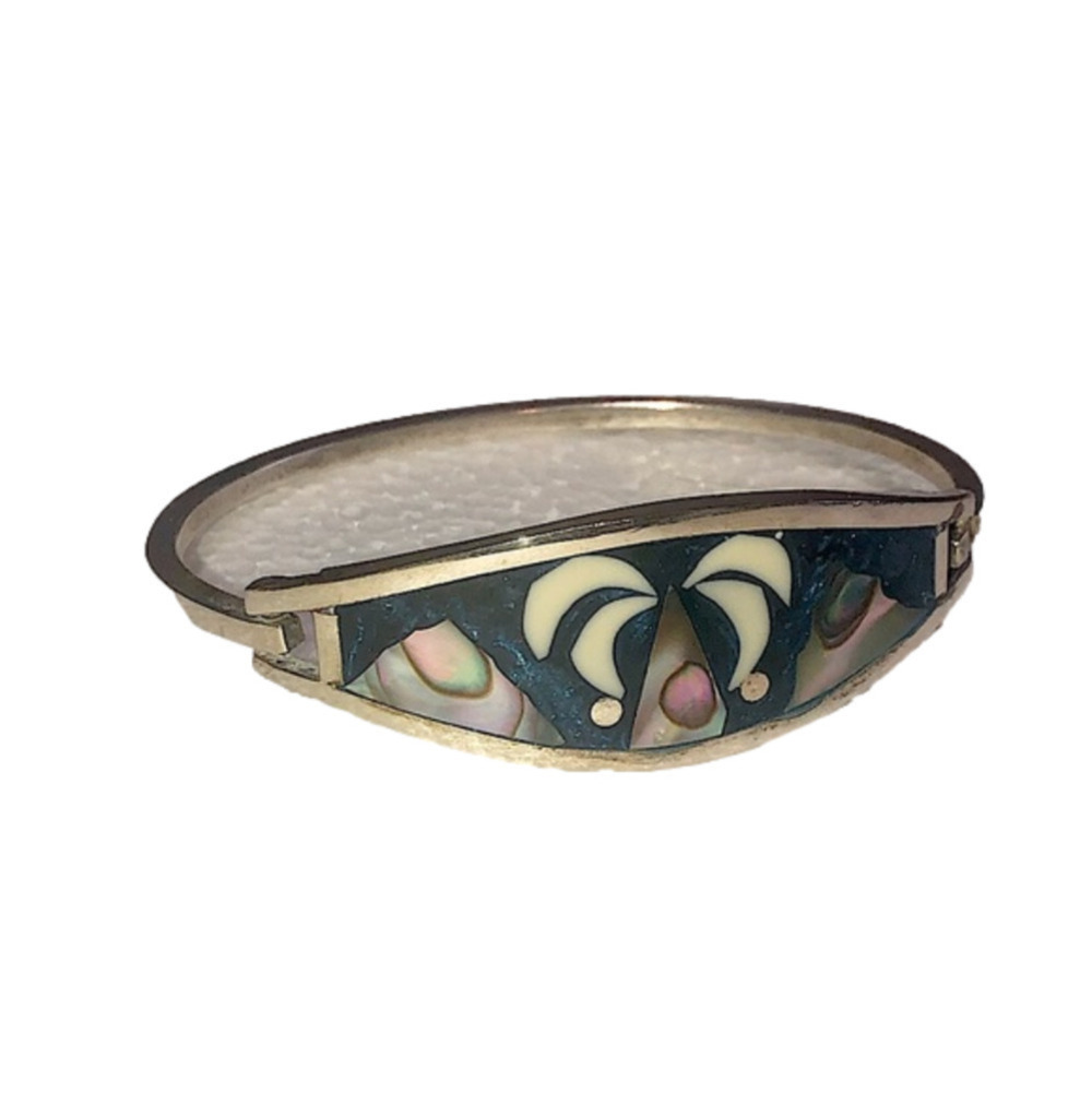 VTG Abalone Inlay Alpaca Silver Bangle Bracelet Palm Tree Mayan Pyramids 6.5”